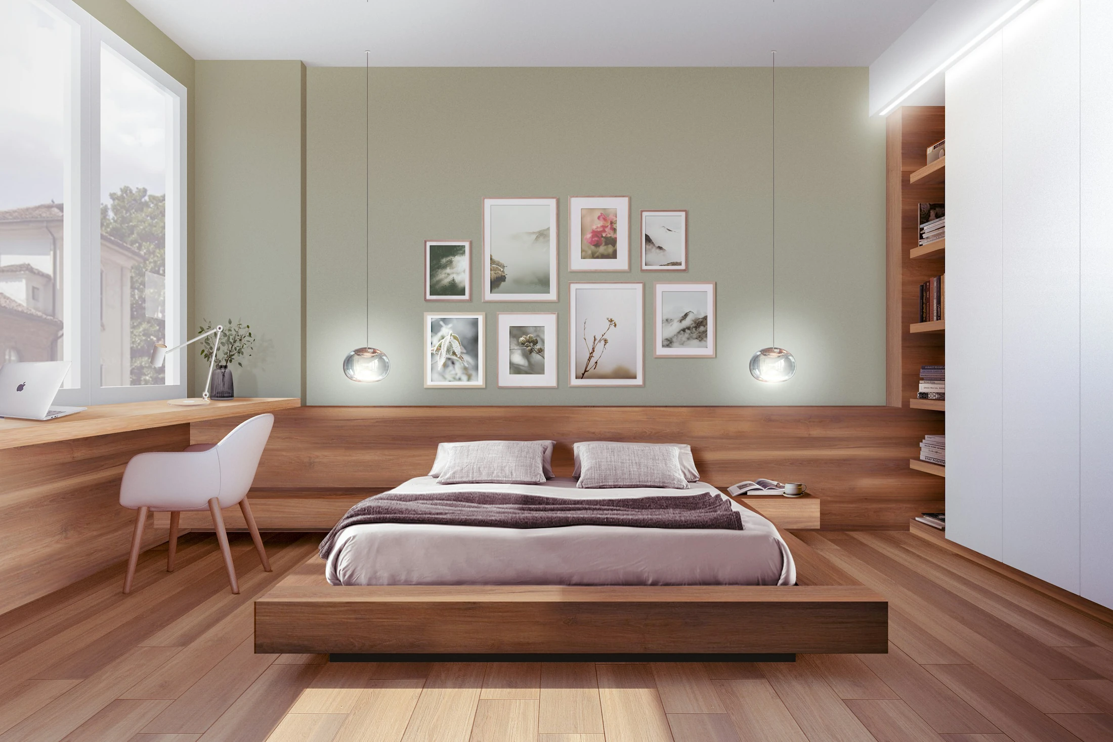 A bedroom grounded in walnut