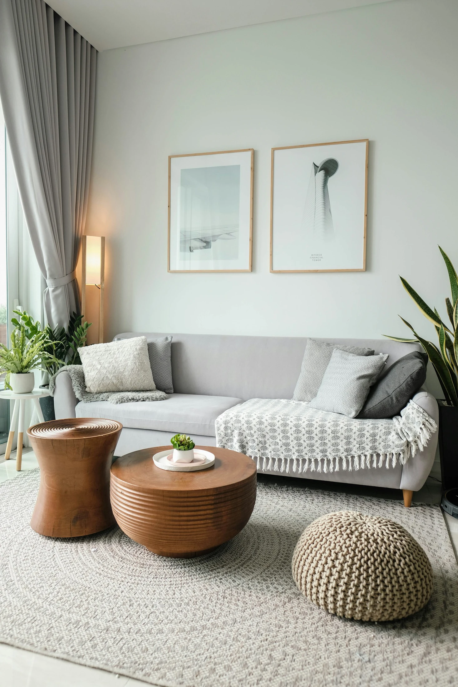 A sunlit, lived-in living room
