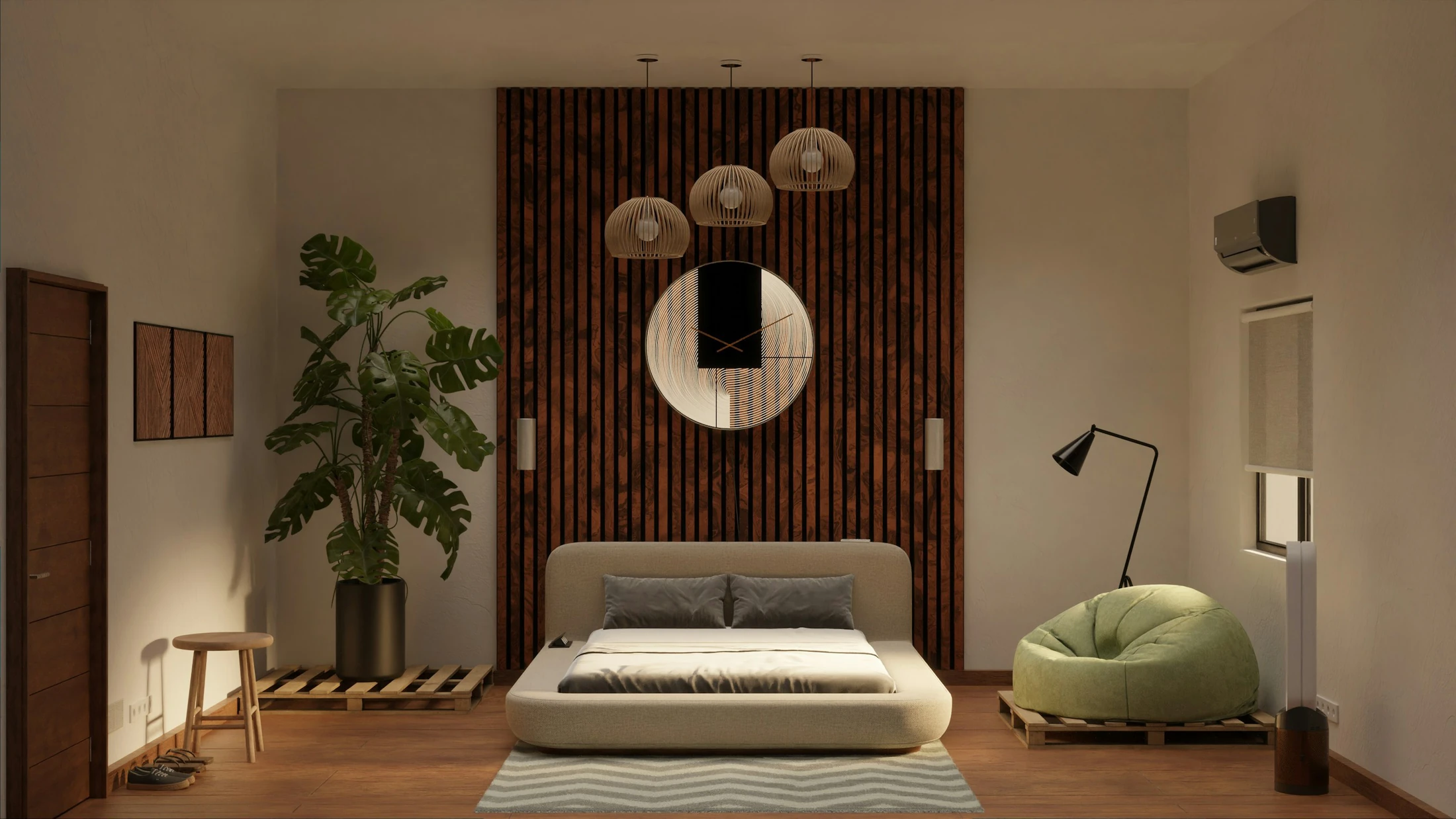 A bedroom behind a slatted walnut wall